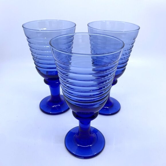 3 Vintage Libbey Ribbed Water Glasses Sirrus Cobalt Blue 7 3/8" Tall Goblet Wine - Picture 1 of 9